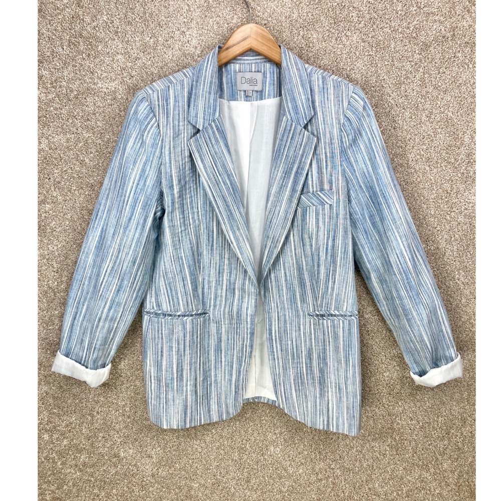 Dalia Linen Blazer Womens Large Blue White Striped Open Front Professional Chic